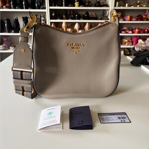 Prada Taupe Leather Crossbody Bag with Gold Accents